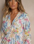 pretty Rochie Albastră deschisă cu Imprimeu Floral Croi Cloș și Decolteu în V Janellia