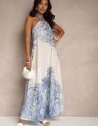 pretty Rochie Albastră din Viscoză Decorată cu Legătură și cu Model de Palmieri Folenella