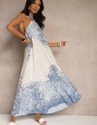 pretty Rochie Albastră din Viscoză Decorată cu Legătură și cu Model de Palmieri Folenella