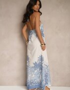 pretty Rochie Albastră din Viscoză Decorată cu Legătură și cu Model de Palmieri Folenella