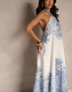 pretty Rochie Albastră din Viscoză Decorată cu Legătură și cu Model de Palmieri Folenella