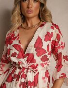 pretty Rochie Asimetrică Roșie din Bumbac cu Decolteu Petrecut și Cordon Legat Nitilira