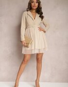 pretty Rochie Bej deschis cu Decolteu Plic și Bază din Tul cu Cordon Kailana