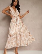 pretty Rochie bej din vâscoză cu decolteu petrecut și cordon Natisolve