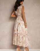 pretty Rochie bej din vâscoză cu decolteu petrecut și cordon Natisolve