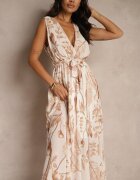 pretty Rochie bej din vâscoză cu decolteu petrecut și cordon Natisolve