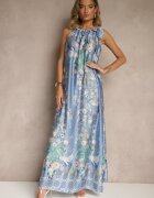 pretty Rochie Bleu marin din Satin Decorată cu model floral și cordon Fenalesa