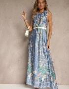 pretty Rochie Bleu marin din Satin Decorată cu model floral și cordon Fenalesa