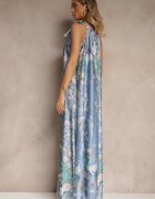 pretty Rochie Bleu marin din Satin Decorată cu model floral și cordon Fenalesa