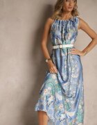 pretty Rochie Bleu marin din Satin Decorată cu model floral și cordon Fenalesa