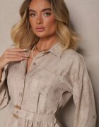 pretty Rochie Cămașă Bej cu Curea cu Cataramă și Buzunar Parmio