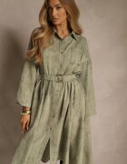 pretty Rochie Cămașă Verde cu Curea cu Cataramă și Buzunar Parmio