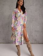 pretty Rochie Galbenă cu Imprimeu Floral cu croi evazat cu decolteu în V Janellia