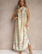 pretty Rochie Galbenă din Satin Decorată cu Model Floral și cu Legătură Fenalesa