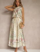 pretty Rochie Galbenă din Satin Decorată cu Model Floral și cu Legătură Fenalesa