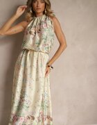 pretty Rochie Galbenă din Satin Decorată cu Model Floral și cu Legătură Fenalesa