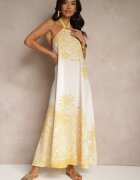 pretty Rochie Galbenă din Viscoză Decorată cu Legătură și cu Model cu Palmieri Folenella
