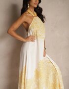 pretty Rochie Galbenă din Viscoză Decorată cu Legătură și cu Model cu Palmieri Folenella