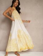 pretty Rochie Galbenă din Viscoză Decorată cu Legătură și cu Model cu Palmieri Folenella