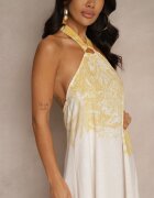 pretty Rochie Galbenă din Viscoză Decorată cu Legătură și cu Model cu Palmieri Folenella
