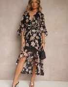 pretty Rochie Neagră Asimetrică din Bumbac cu Decolteu Petrecut și Cordon Legat Nitilira