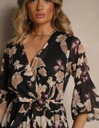 pretty Rochie Neagră Asimetrică din Bumbac cu Decolteu Petrecut și Cordon Legat Nitilira