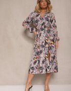 pretty Rochie Neagră cu Imprimeu Floral cu Croi Evazat cu Decolteu în V Janellia