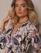 pretty Rochie Neagră cu Imprimeu Floral cu Croi Evazat cu Decolteu în V Janellia