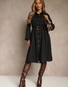 pretty Rochie Neagră tip Cămașă cu Curea cu Cataramă și Buzunar Parmio