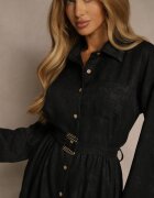 pretty Rochie Neagră tip Cămașă cu Curea cu Cataramă și Buzunar Parmio