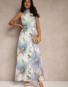 pretty Rochie Plisată Albastră cu Legătură și Curea cu Cataramă Nitolia