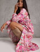 pretty Rochie roz cu imprimeu floral cu croială evazată și decolteu în V Janellia