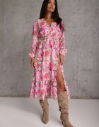 pretty Rochie roz cu imprimeu floral cu croială evazată și decolteu în V Janellia