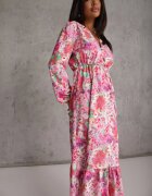 pretty Rochie roz cu imprimeu floral cu croială evazată și decolteu în V Janellia