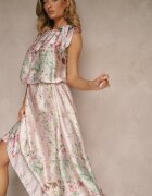 pretty Rochie Roz deschisă din Satin Decorată cu model floral și Cordon Fenalesa