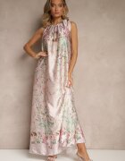 pretty Rochie Roz deschisă din Satin Decorată cu model floral și Cordon Fenalesa