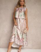 pretty Rochie Roz deschisă din Satin Decorată cu model floral și Cordon Fenalesa