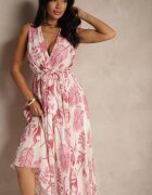 pretty Rochie Roză din Viscoză cu Decolteu Petrecut și Curea Legată Natisolve