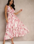 pretty Rochie Roză din Viscoză cu Decolteu Petrecut și Curea Legată Natisolve