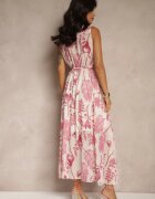 pretty Rochie Roză din Viscoză cu Decolteu Petrecut și Curea Legată Natisolve