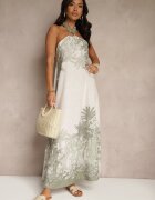 pretty Rochie Verde din Viscoză Decorată cu Legătură și cu Model de Palme Folenella