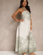 pretty Rochie Verde din Viscoză Decorată cu Legătură și cu Model de Palme Folenella