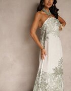 pretty Rochie Verde din Viscoză Decorată cu Legătură și cu Model de Palme Folenella