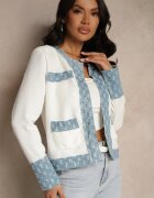 pretty Sacou Alb-Albastru cu croială tip cutie cu decorațiuni în relief Ranolea