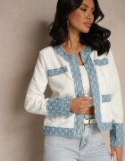 pretty Sacou Alb-Albastru cu croială tip cutie cu decorațiuni în relief Ranolea