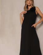 pretty Salopetă Negru din Vâscoză Decorată cu Broșă Floare 3D Solio