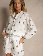 pretty Set Alb cu Viscoză Cămașă și Pantaloni scurți cu Imprimeu Marin Reisoria