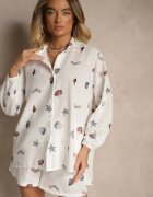 pretty Set Alb cu Viscoză Cămașă și Pantaloni scurți cu Imprimeu Marin Reisoria