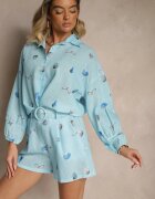pretty Set Bleu deschis din Viscoză Cămașă și Pantaloni scurți cu Imprimeu Marin Reisoria