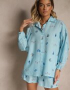 pretty Set Bleu deschis din Viscoză Cămașă și Pantaloni scurți cu Imprimeu Marin Reisoria